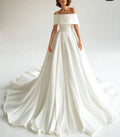 13336#Strapless Simple Elegant Off-Shoulder Sweep Train Backless Short Sleeves A-Line Princess Pleated Wedding Dress Bridal Gown