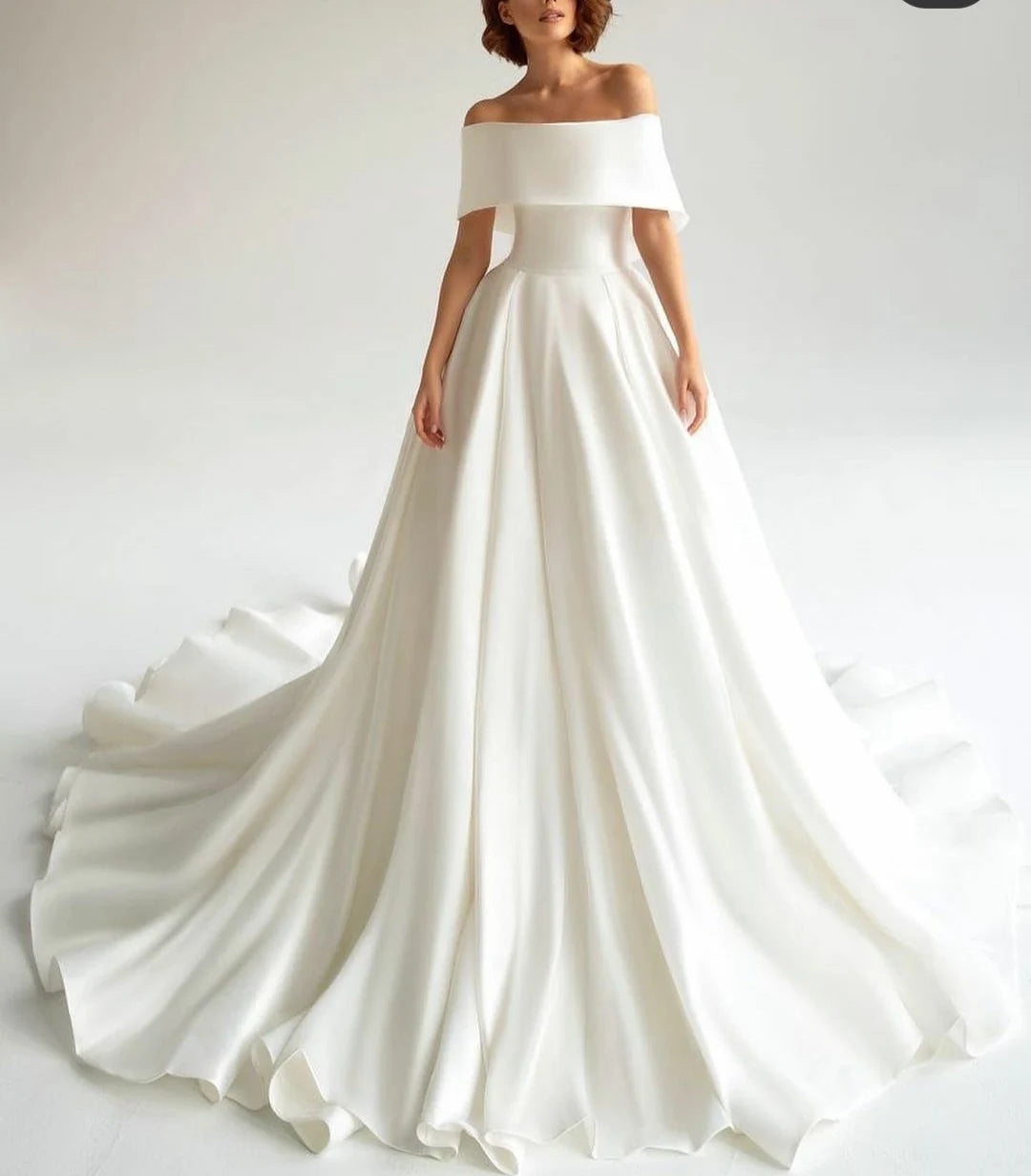13336#Strapless Simple Elegant Off-Shoulder Sweep Train Backless Short Sleeves A-Line Princess Pleated Wedding Dress Bridal Gown