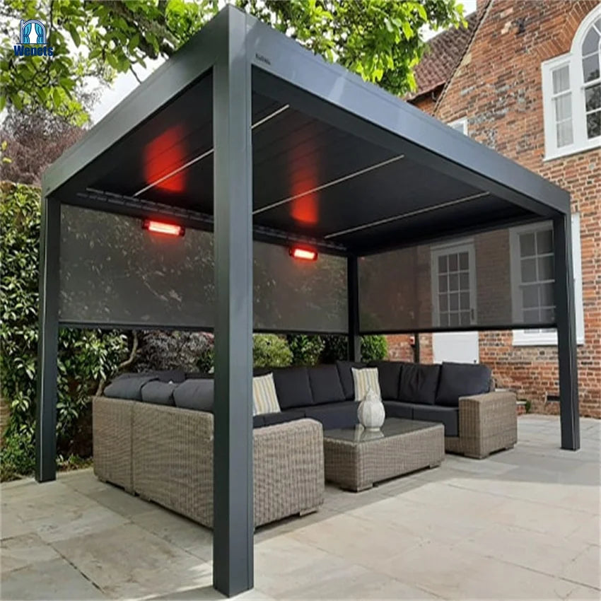 Dark Gray Pergola Weatherproof Motorized Louvered Pergola with Lighting
