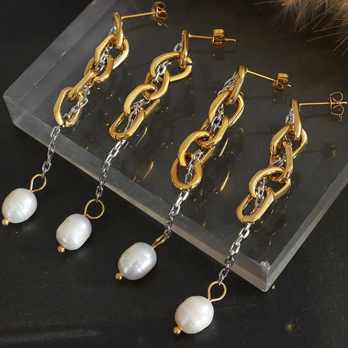 Waterproof Stainless Steel Long Chain Baroque Freshwater Pearl Drop Earrings for Women
