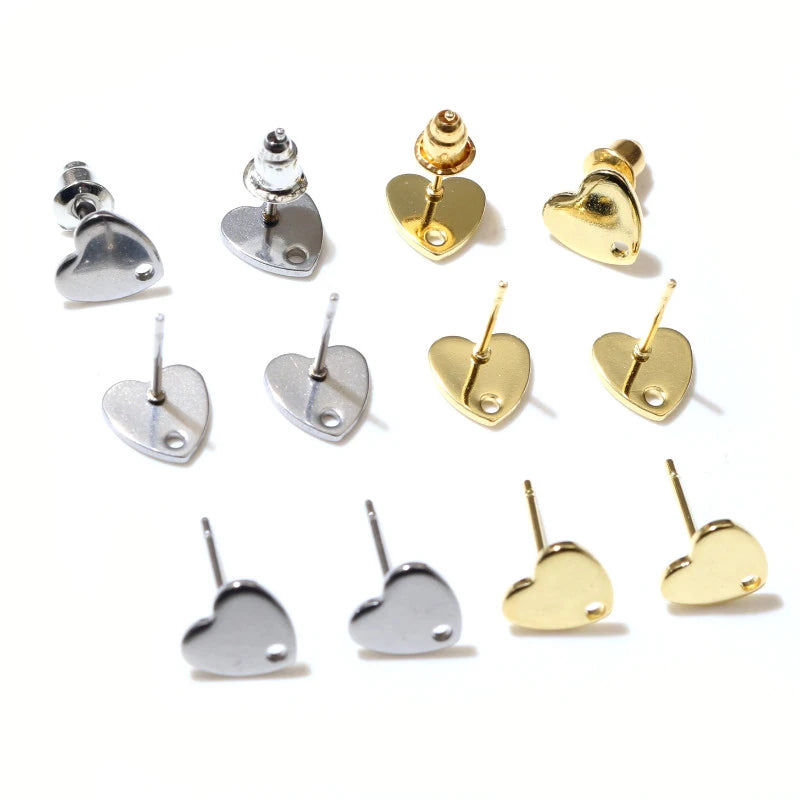 20pcs 8mm Heart 316 Stainless Steel Gold Plated Pin Findings Stud Earring With Hole Connector for DIY Jewelry Making Supplies