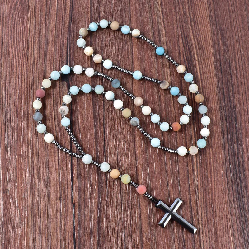 8mm Natural Stone Frosted Amazonite CHRISTIAN Christ Rosary Necklaces Hematite Cross Pendant Necklace for Men Women Jewelry