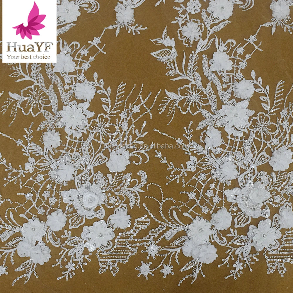 HY2863 Hot Sale White French Embroidery Beaded Lace With Sequins Wedding Bridal Dress Fabric