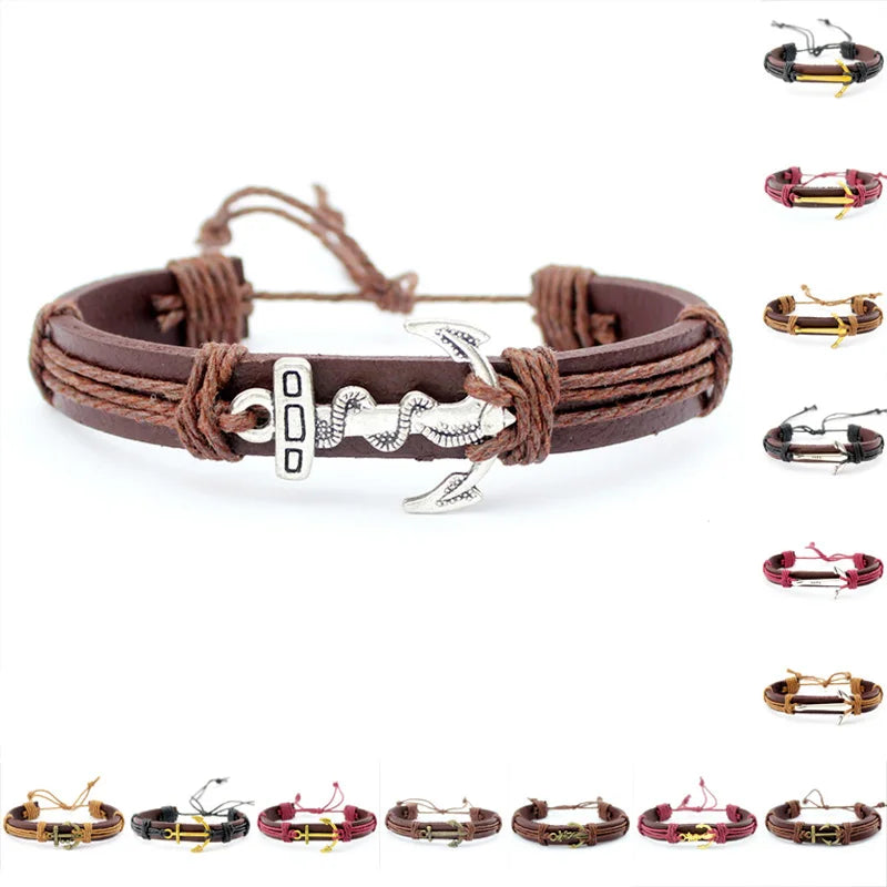 Manufacturer Anchor Bracelets Antique Silver Brass Gold Black Anchor Charm Genuine Leather Wrap Bracelet