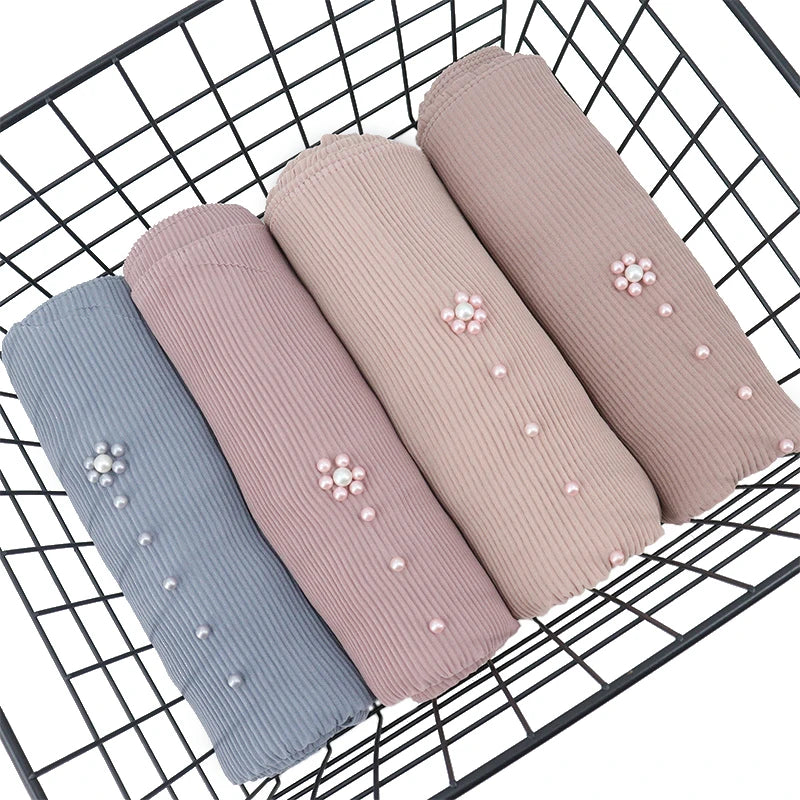 Crepe Chiffon Hijab With Pearls Stone Shawls Scarves Luxury for Women Muslim Crinkle Soft Head Scarves