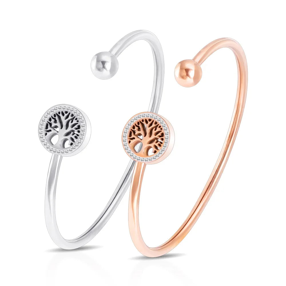 Luxury Life of Tree Cuff Bracelet Gold Plated Bead Cuff Bracelet Stainless Steel Crystal Zircon Hand Cuff Bracelet for Women