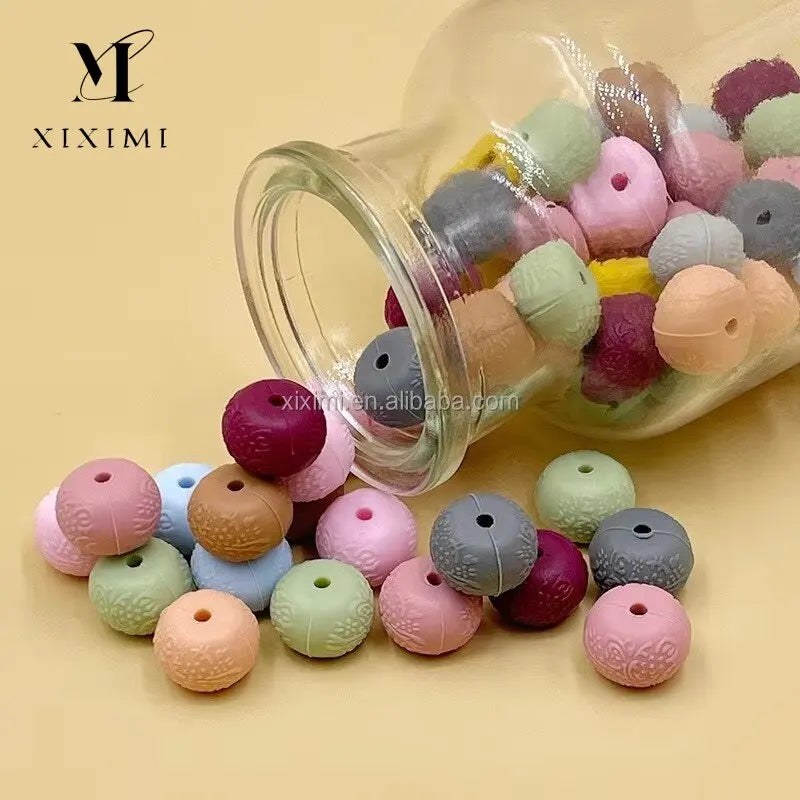 New Design 14mm Floral Embossed Abacus Silicone Beads for Decoration Jewelry Pacifier Chain Pen Making DIY Accessories