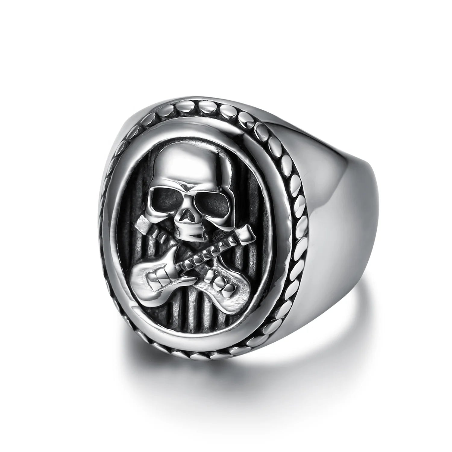 Trend Musician Jewelry Stainless Steel Guitar Skull Ring Silver Rock'n Roll Men's Ring Skull Crossed Guitars for Hip Hop Dancers