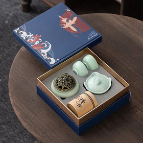 Celadon Tea Set Gongfu Ceramic Portable Kung Fu Tea Set with Incense Burner 5Pcs Business Gift Box for Business Meetings