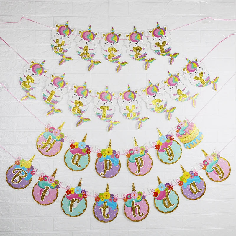 Unicorn Happy Birthday Banner Glitter Party Flag Backdrop Decoration