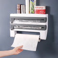 6 in 1 Wall Mounted Plastic Wrap Cutter Dispenser Multi Functional Kitchen Storage Rack for Food Wrap Plastic Wrap Cutter Holder