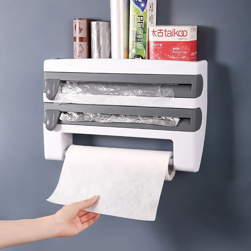 6 in 1 Wall Mounted Plastic Wrap Cutter Dispenser Multi Functional Kitchen Storage Rack for Food Wrap Plastic Wrap Cutter Holder