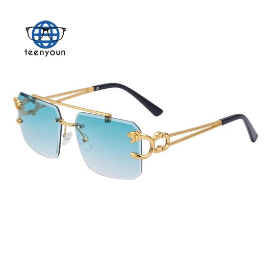 Teenyoun Square Metal Neutral Leopard Head Diamond Cutting Double Bridge Frameless Female Rectangular Sun Glasses Sunglasses