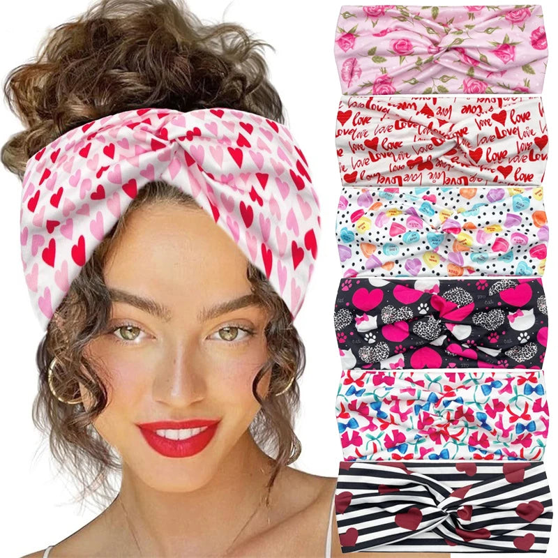 Valentine's Day Pink Love Heart Elastic Stretchy Hairbands Sport Yoga Head Wraps Twist Knotted Wide Headband
