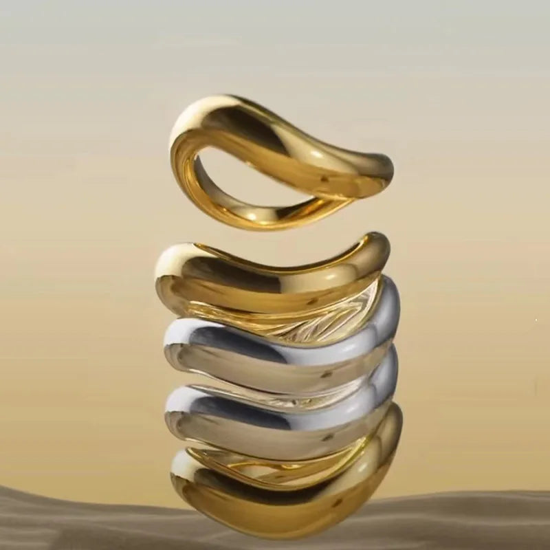Stainless Steel Delicate Eternity Twisted Wave Rings 14K Gold Plated Cross Rings Wavy Stackable Ring for Women Men