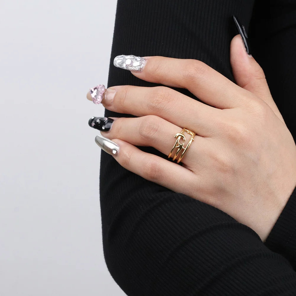 Chris April Factory 316L Stainless Steel Moon and Stars Hollow Out Wires Band Rings