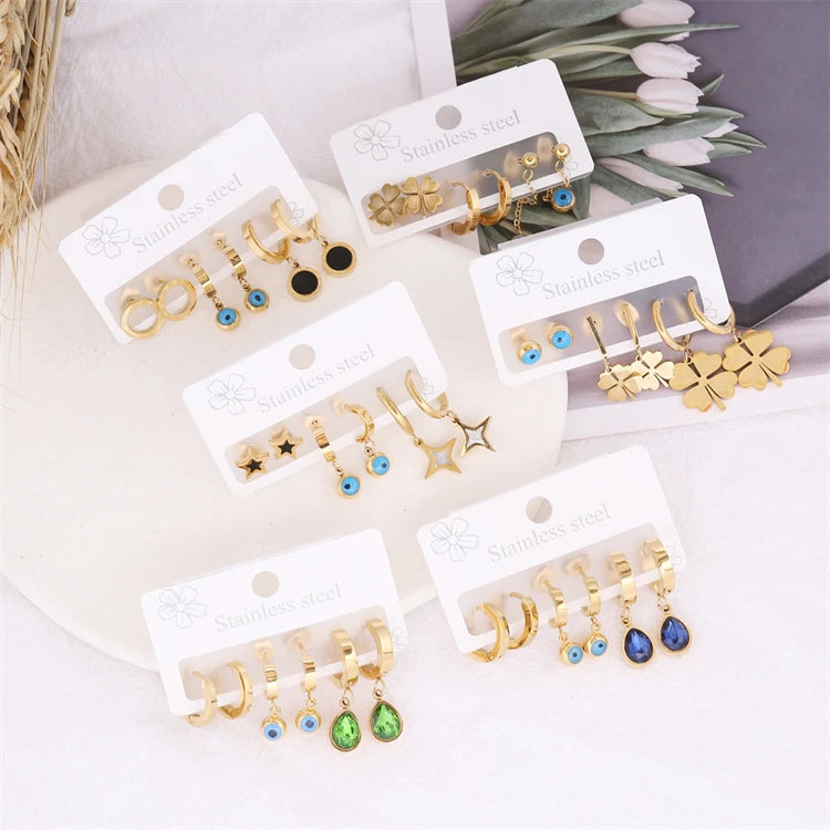 2023 Hot Selling Creative Mix Stud Earring Set 18K Gold Stainless Steel Evil Eye/Clover/Star Zircon Wedding Fashion Jewelry