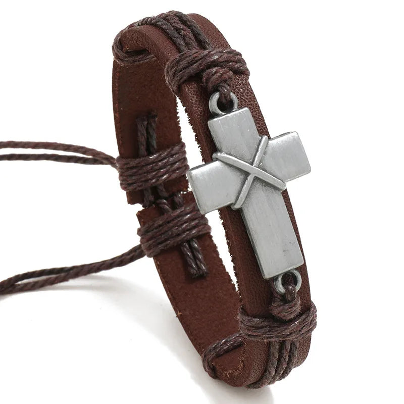 Wholesale Vintage Metal Cross Genuine Leather Bracelet Handmade Wove Bangle Charm Men Jewelry