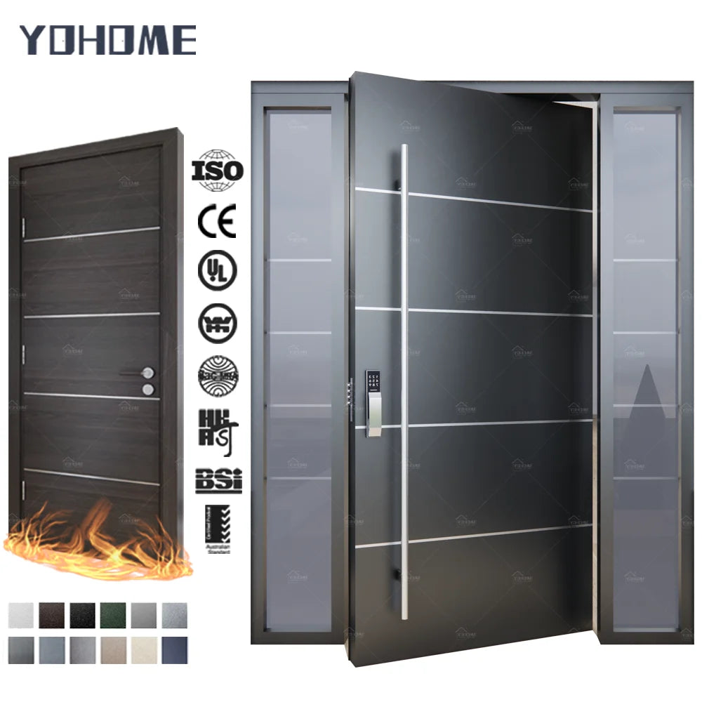 Canada Standard Custom Modern Villa Entry Doors with Aluminum Trim Strip White Grey Steel Metal Front Door with 2 Sidelights