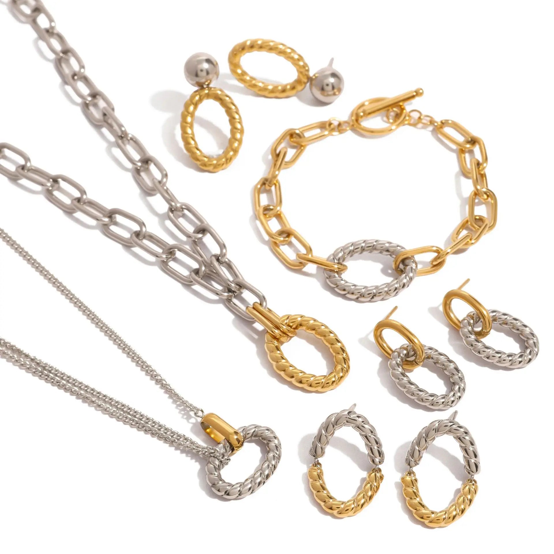 316L Stainless Steel Wire Cute Pendant Necklace with Star Shape 14K Gold Plated Unisex Earrings and Link Chain Set