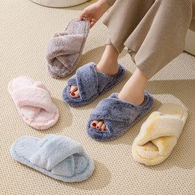 Custom Women's Fashion Fluffy Cross Strap Indoor Outdoor Plush Fuzzy Faux Fur Anti-Slip Slides for Autumn Soft