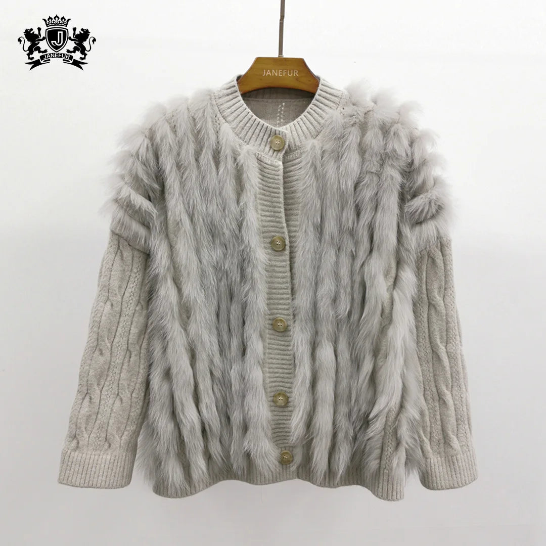 Janefur Ladies Long Sleeve Autumn Winter Knitwear Women Ribbed Knitted Cardigans Sweaters With Fur Trim