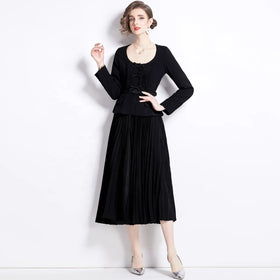 Spring New Bow Round Neck Fashion Style Suit Dress with Wrinkle Skirt Wholesale Clothing