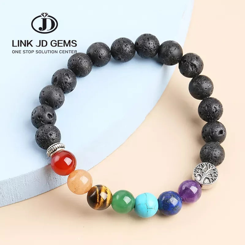 Hot Sale 8mm Natural Lava Stone Beads Handmade Seven Chakra Life Tree Charm Bracelet Loose Gemstone Everyday Wear Jewelry