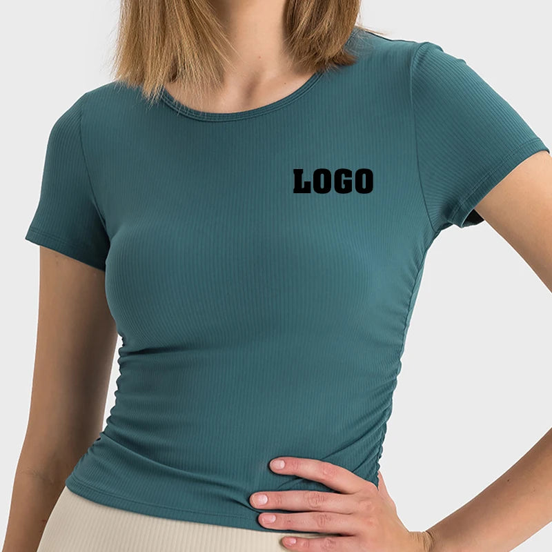 Newest Custom Logo Ribbed Short Sleeve Slim Fit Crop Top T-Shirts Yoga Sportswear Women Workout Gym Casual Fitness Wear Clothes