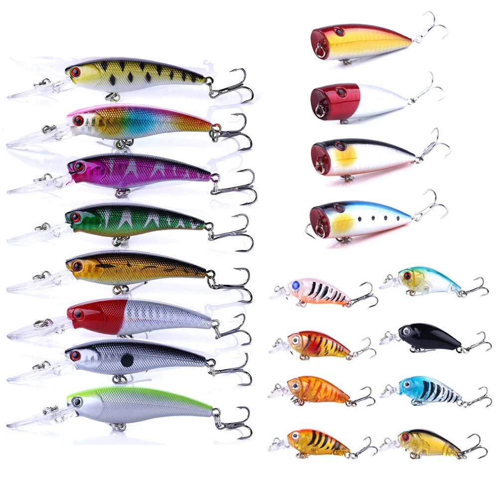 20PCS Fishing Lures Set Mixed Including Minnow Popper Crank Baits With Hooks for Saltwater Freshwater Trout Bass Salmon Fishing