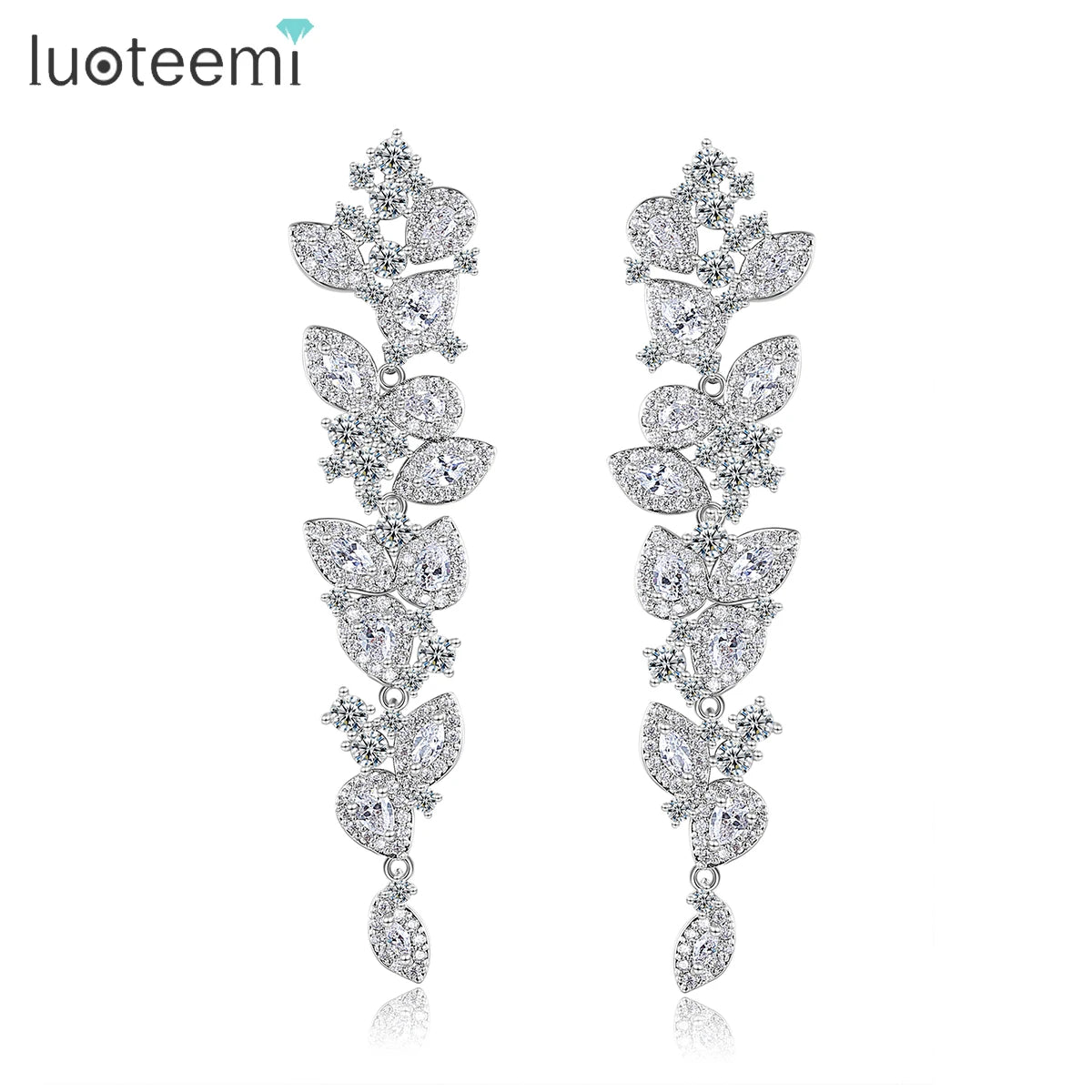 LUOTEEMI Hot Trendy Rhodium Gold Plated Long Tassel Chained Earrings Full Diamond Zircon Bling Bling Leaf Flower Drop Earring