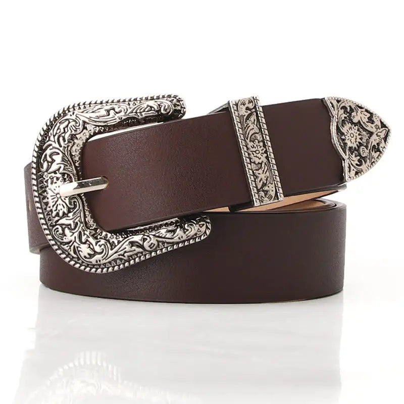 Vintage Classic Women's PU Leather Belts Alloy Pin Decorative Western for Jeans Dresses Pants 2.8cm Width 107-130cm Length