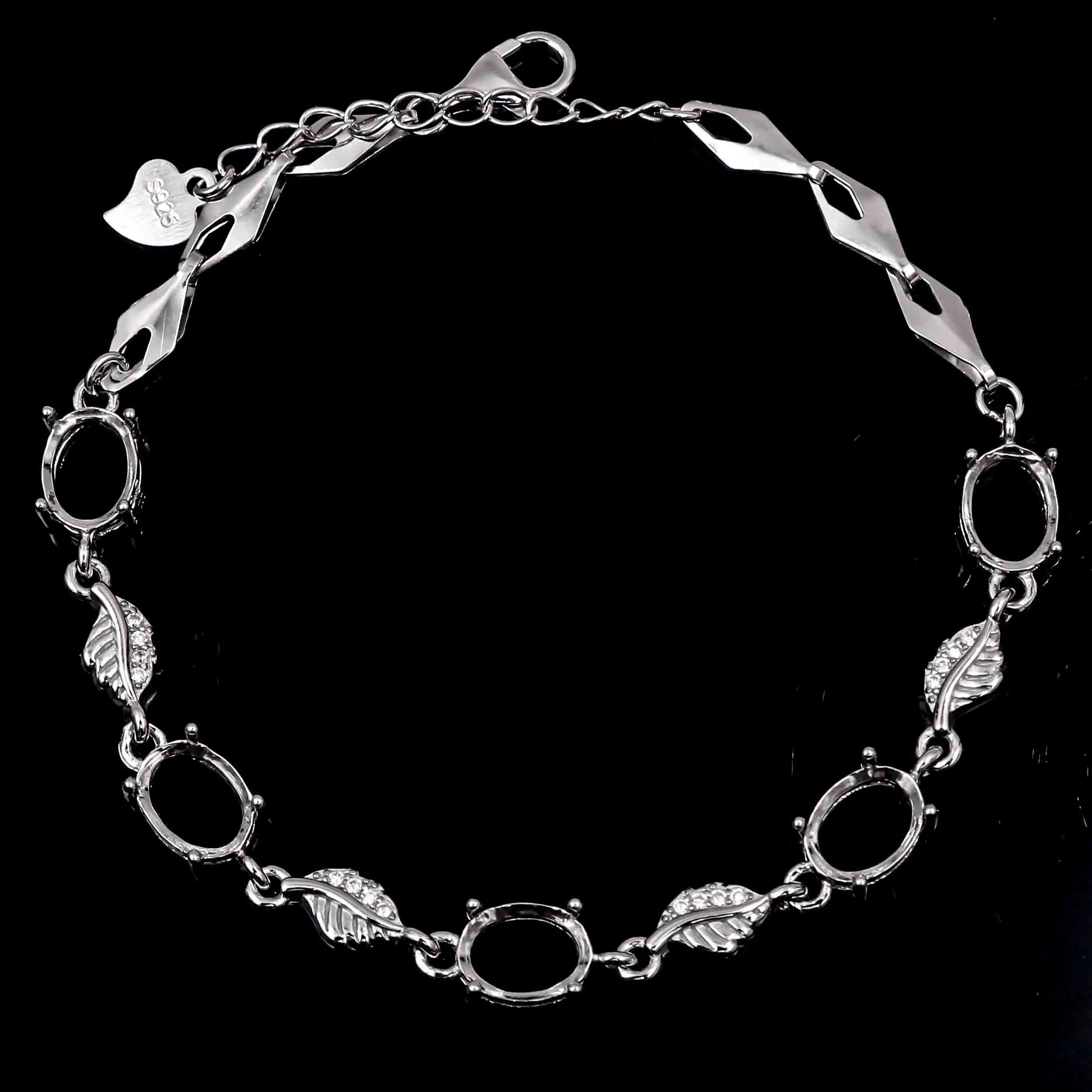 Sterling Silver 6*8mm Semi Mount Bracelet Empty Support Blank Claws Setting S925 Base Holder Without Center Stone Inlay for DIY