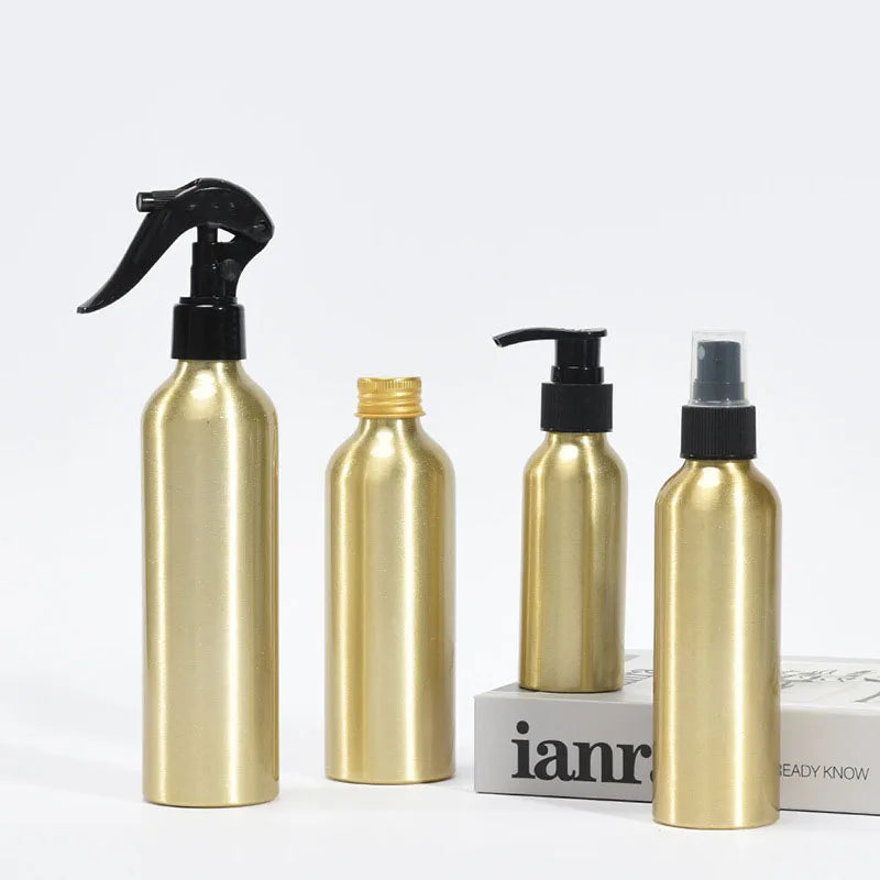 30ml 50ml 100ml 150ml Gold Aluminum Bottle with Spray Pump Cap Body Lotion Shampoo Cosmetic Perfume Empty Bottle Stock Supply