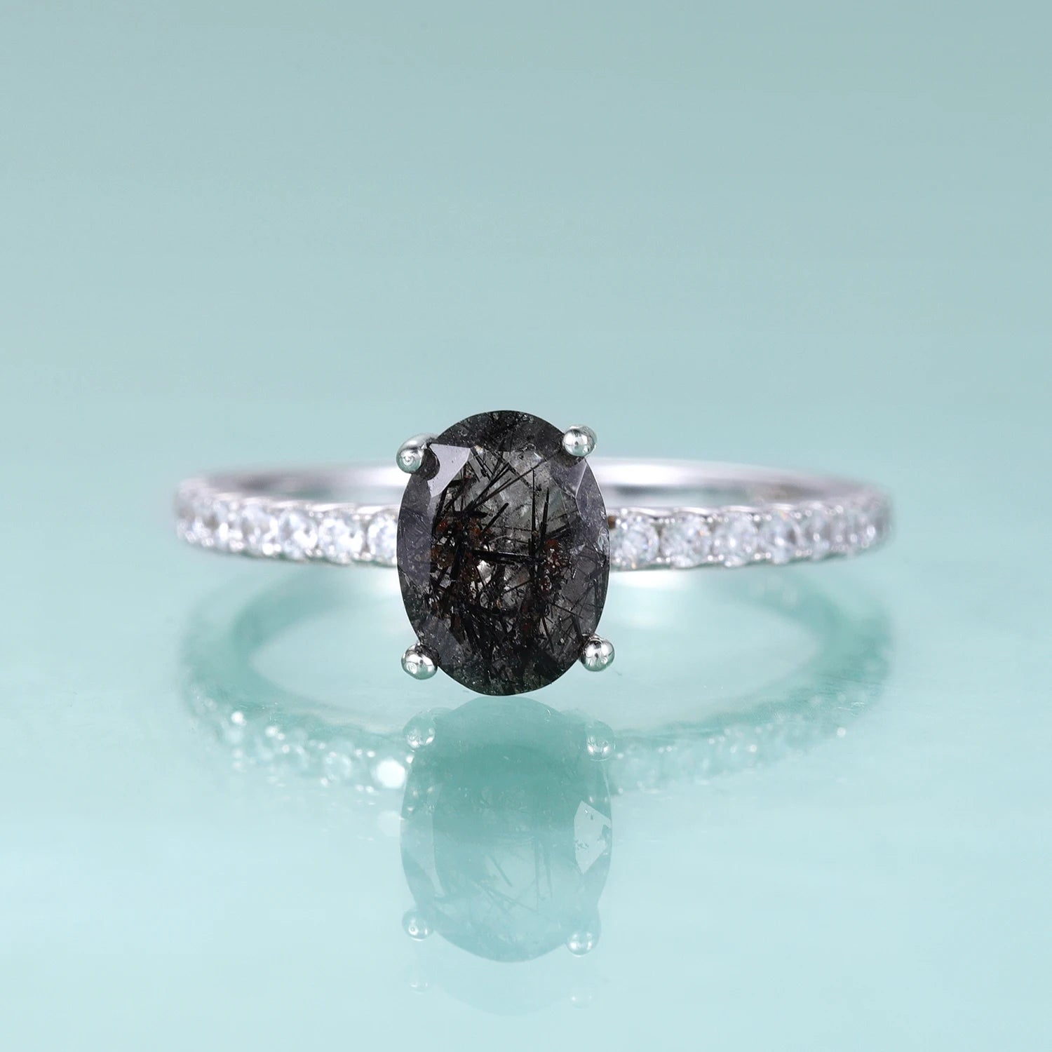 KH066 Abiding Jewelry Factory Price Oval 6x8mm Natural Black Rutilated Quartz Sterling Silver Gold Plated Engagement Ring