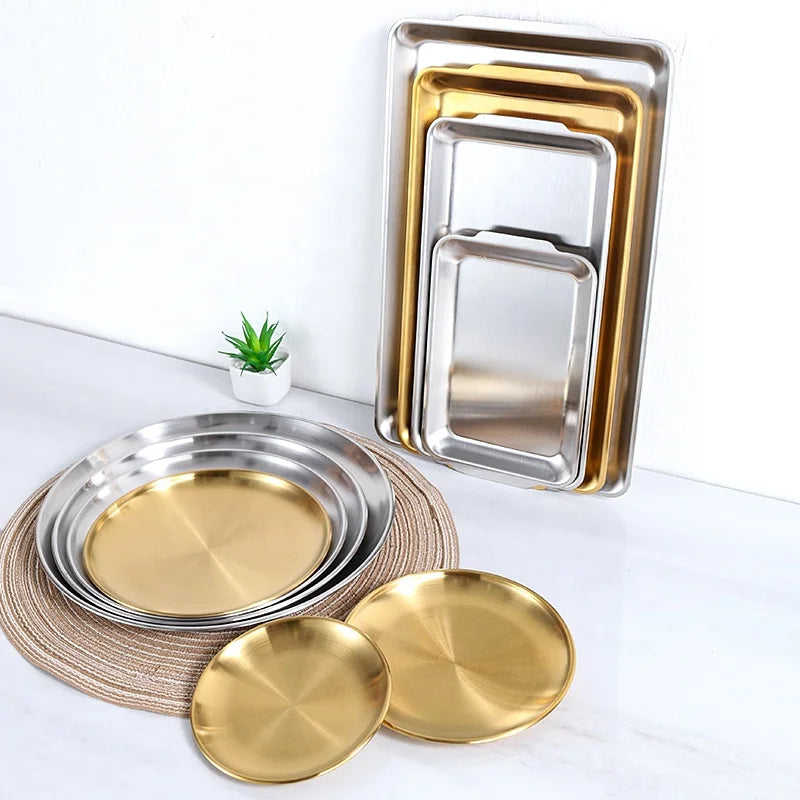 South Korea 201 Stainless Steel Minimalist Polished Thick Eco-Friendly Golden Breakfast Serving Plate for Camping and Barbecue