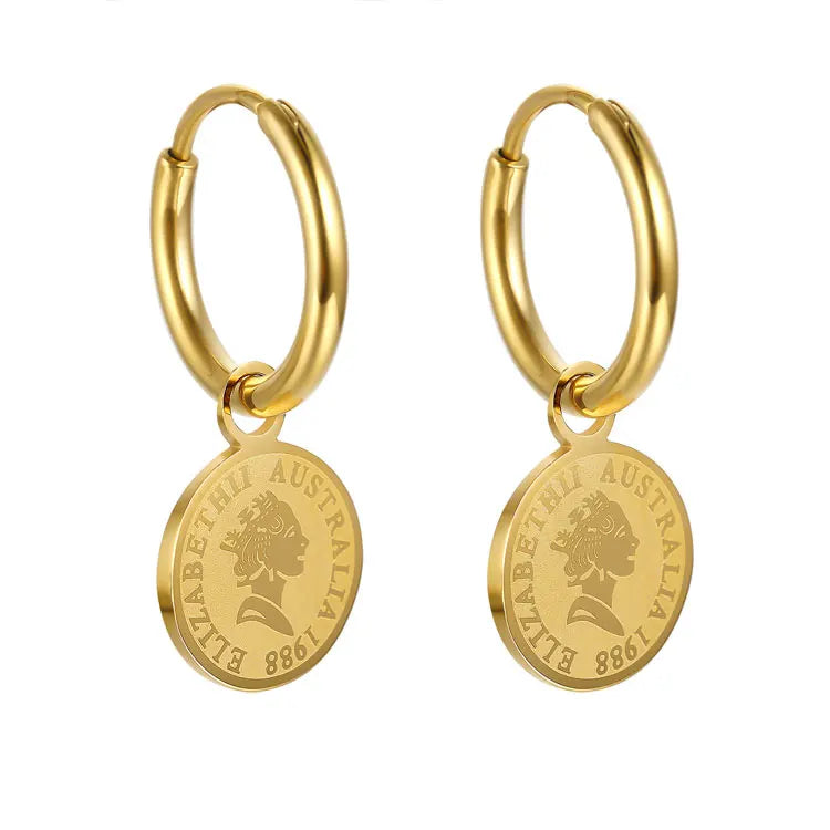 SC Delicate 18K Gold Plated Stainless Steel Huggie Earrings French Square Rose Flower Elizabeth Portrait Coin Earrings for Women