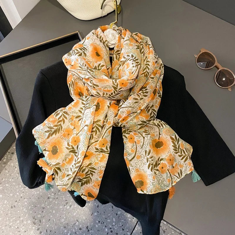 Summer Fashion Lightweight Soft Cotton Voile Printed Wide Scarf With Tassesl Fashion Pink Floral Pattern Beach Cover up Shawls