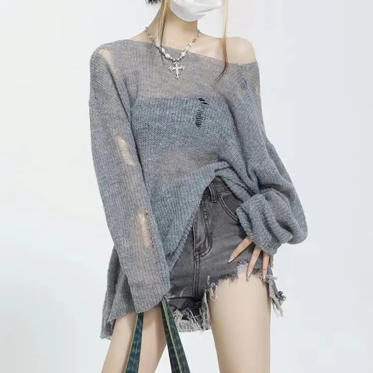 Casual Winter Knitted Sweaters for Women Fresh and Sweet Design with Ripped Decor and Button Decoration