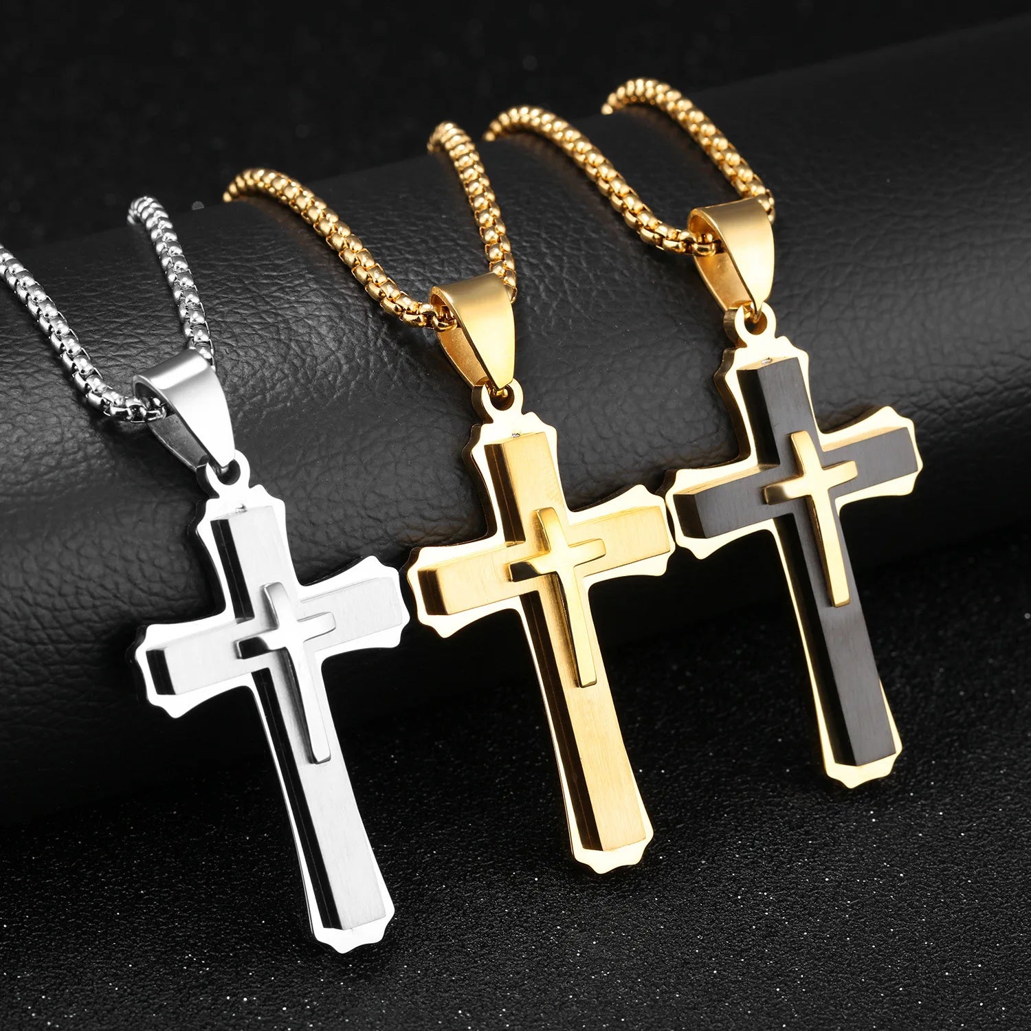 BINSHUO Titanium Steel Cross Pendant Necklace Men Teen Boys Jewelry Three Layers Jesus Cross Crucifix Necklaces with Box Chain