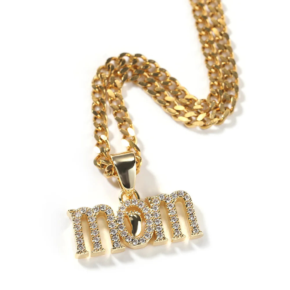Tending Mom Letter Necklace with Baby Feet Zircon Rhodium Plated Brass Box Chain Jewelry