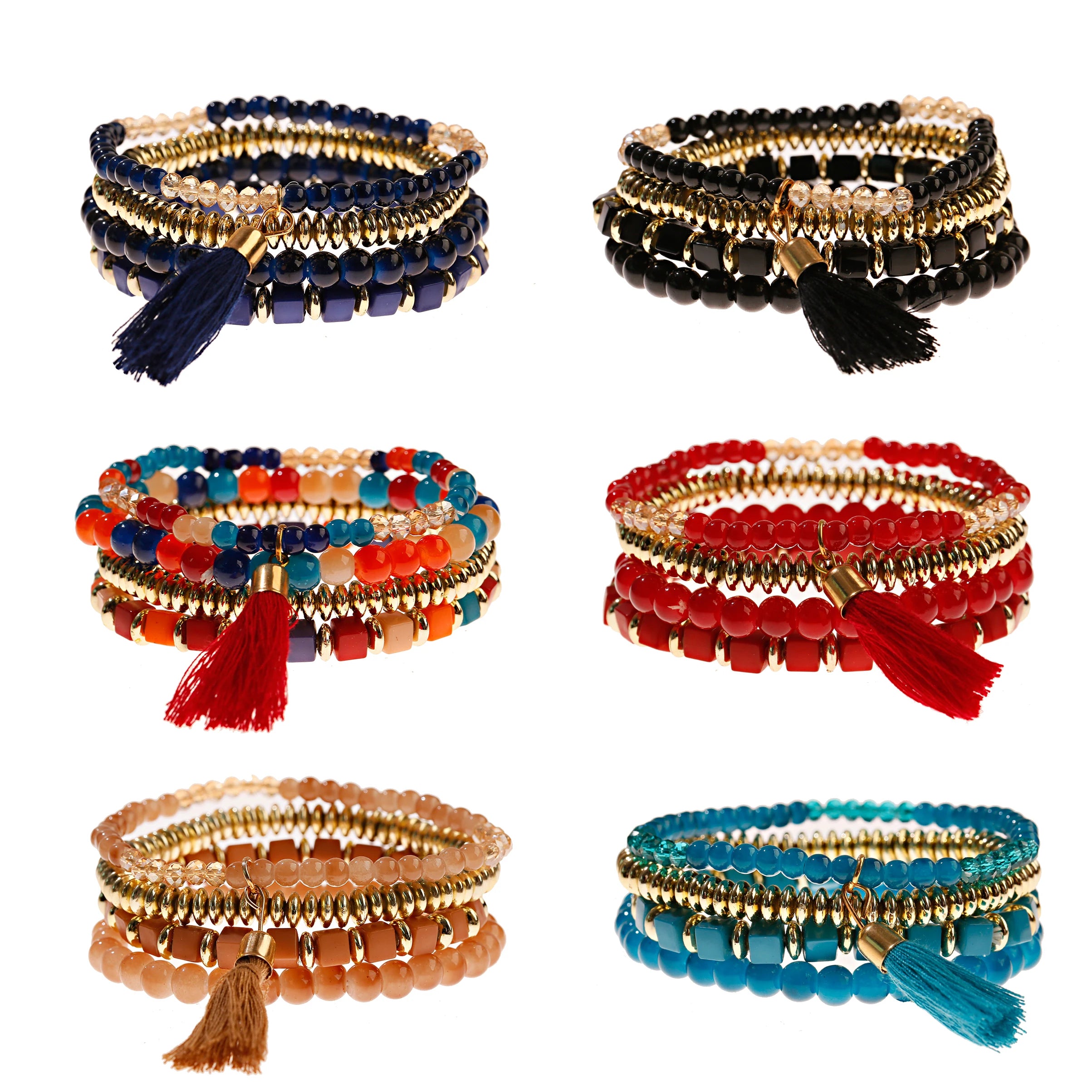 Douvei 4Pcs/Set Natural Stone Red Agate Yellow Transparent Plastic Gasket Children's Beaded Bracelet Bohemian Ethnic Long Tassel
