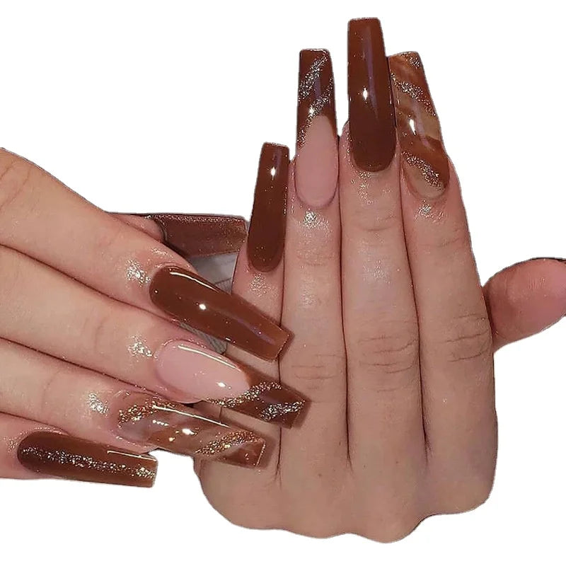 Popular French Long Ballerina Artificial Fingernails Gold Glitter Fake Nail Coffin Press on Nail for Ladies