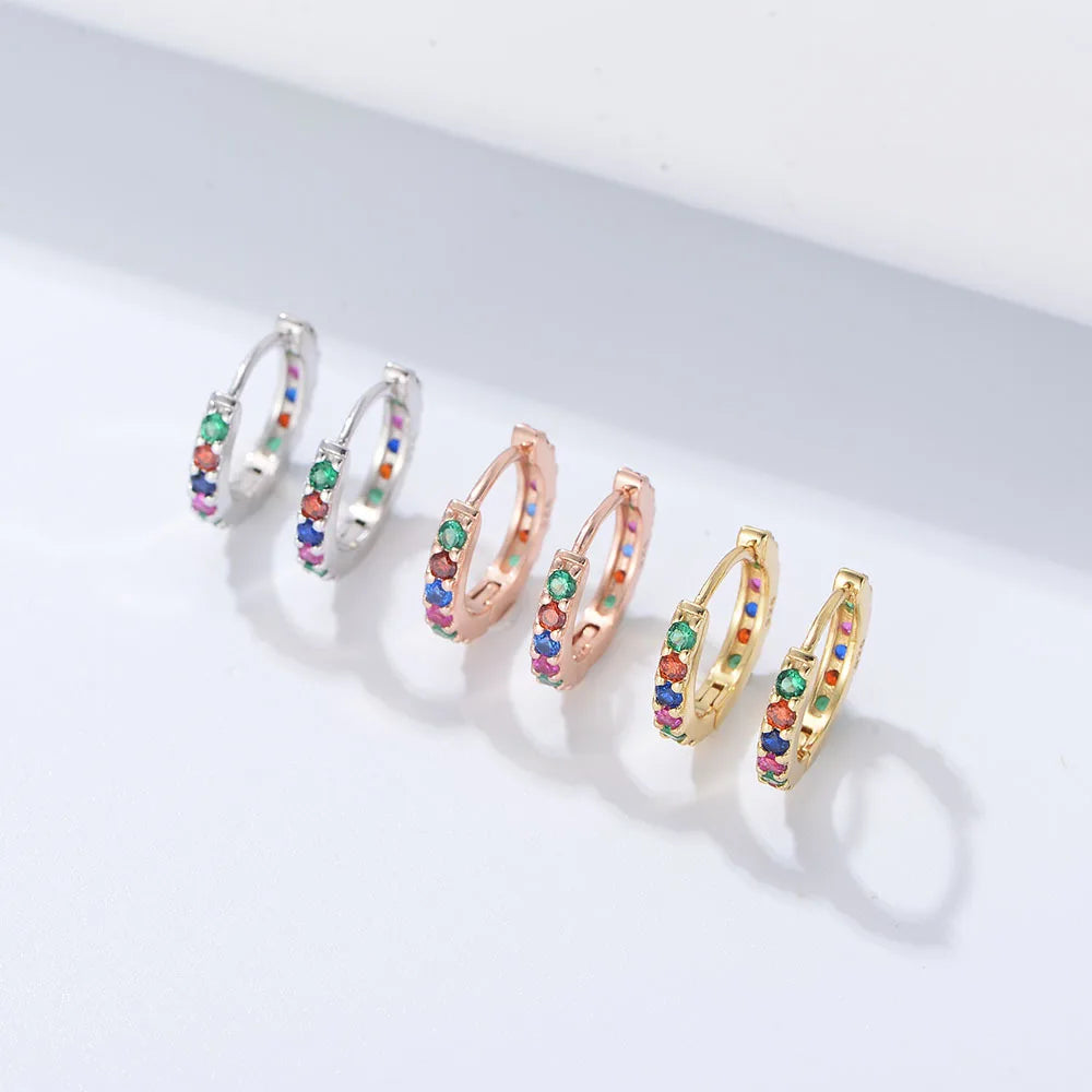 12.7mm Small Colored Zirconia Huggie Hoop Earrings 18K Gold Plated 925 Sterling Silver Rainbow CZ Diamond Huggie Earrings