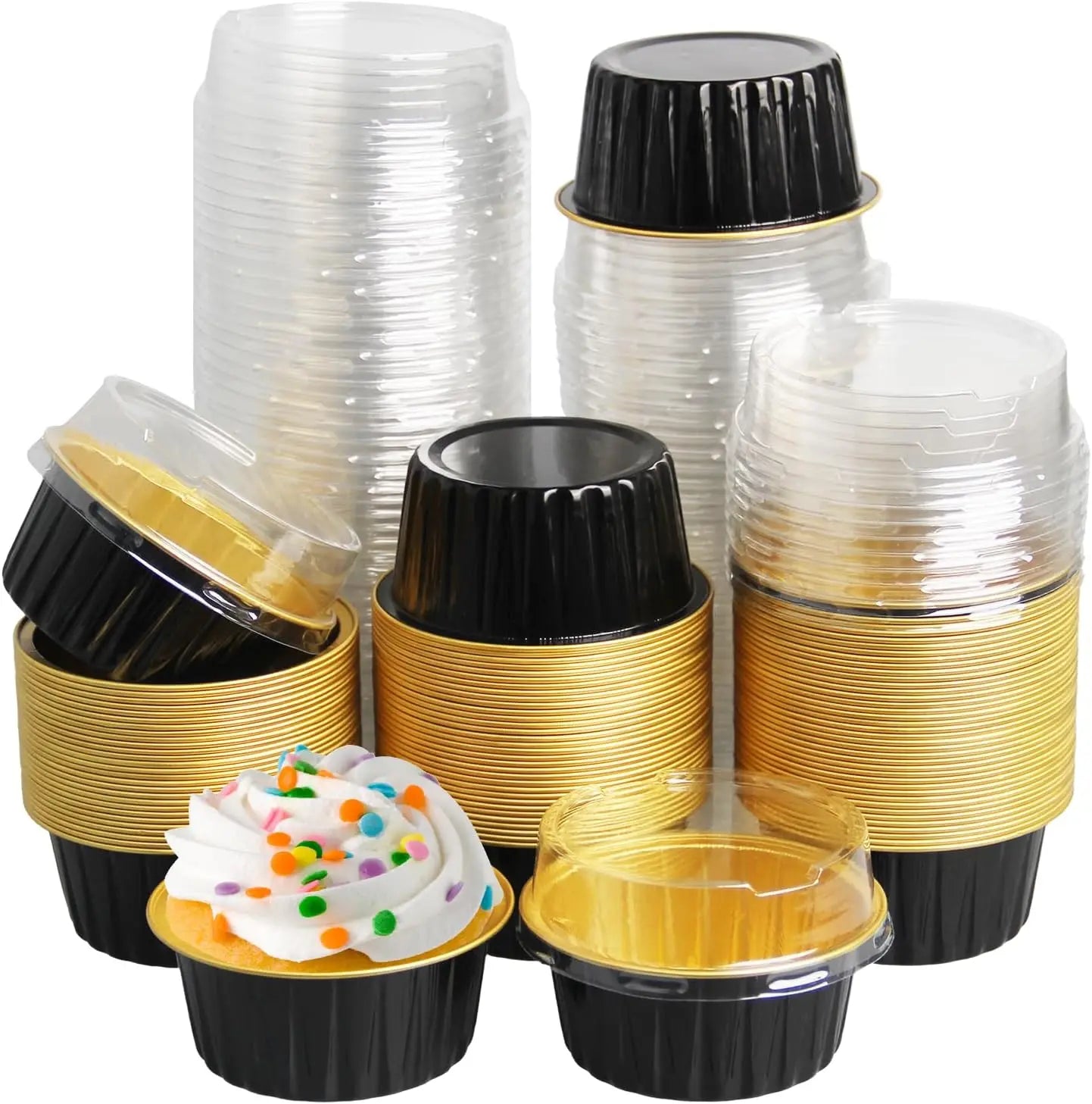 Disposable Black Gold Mini Aluminum Foil Cupcake Baking Cups with Lids 125ml Creme Brulee Muffin Pudding Cake Containers Molds