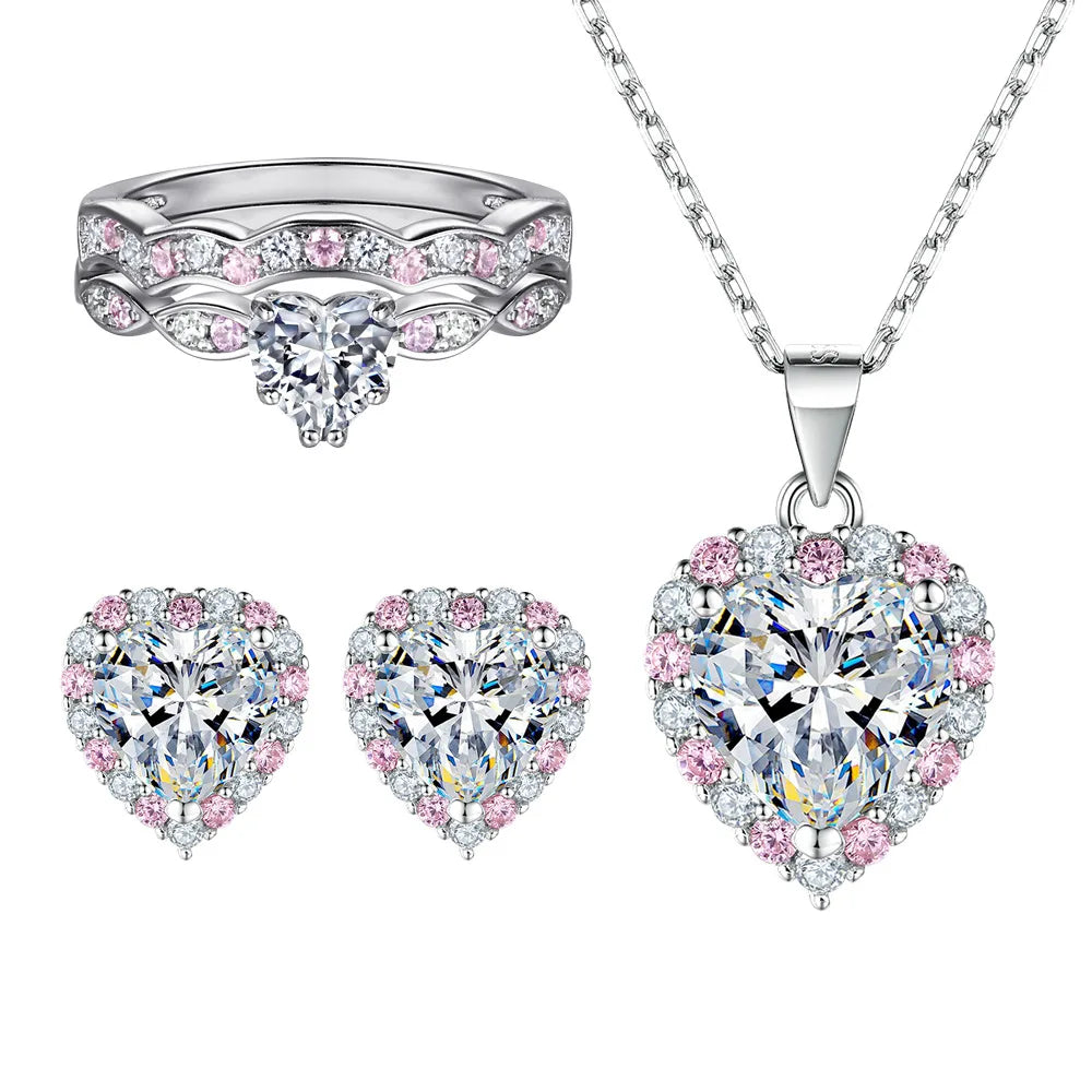 Love Jewelry Set 925 Sterling Silver Pink Diamond Stacking Ring Heart Zircon Earrings Necklace 3pcs Set for Fine Jewelry Gifts