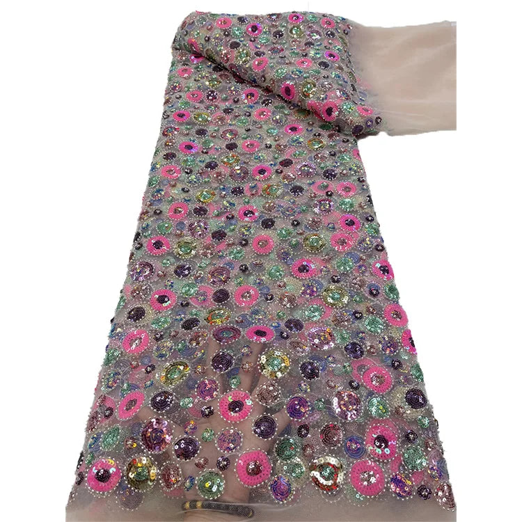 Beads Embroidered Lace Fabric Multicolor Sequins Tulle Lace Wedding Dress Fabric