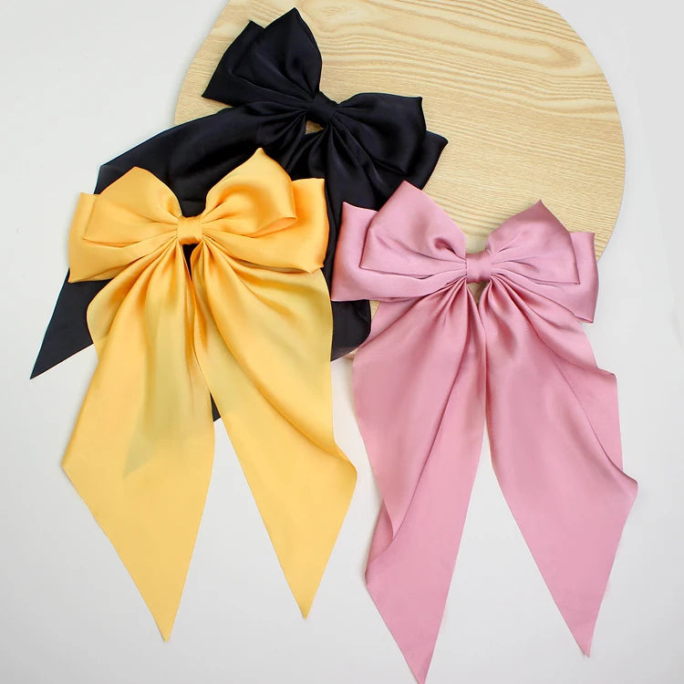 Luxury Elegant Silk Fabric Long Bow Girls Hair Barrettes Accessories Bowknot Ribbon Hairpin Pink Hairgrips MUJU Brand 40cm for