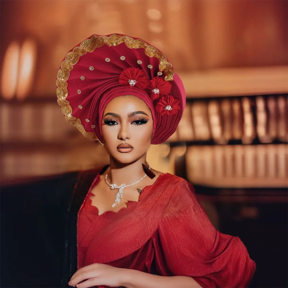 Stones Braided Women Party Cap Wear Muslim Turban Adjustable Space Layer African Headtie Auto Gele