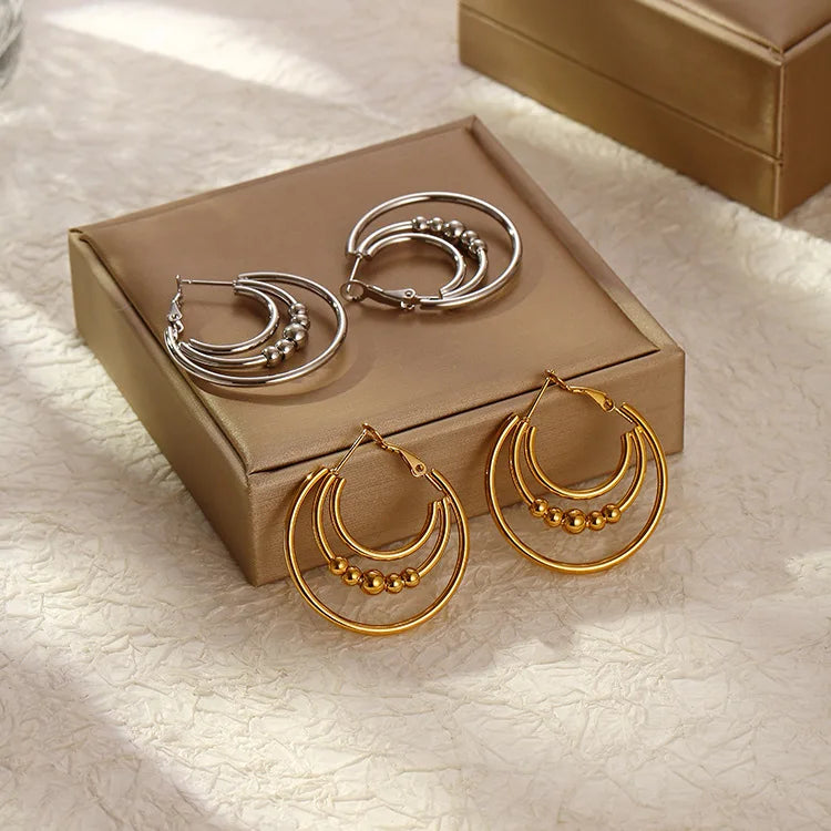 Hot Selling Stainless Steel C Shape Earring No Fade 18K Gold Plated Multi Layer Circles Bead Hoop Earrings for Women